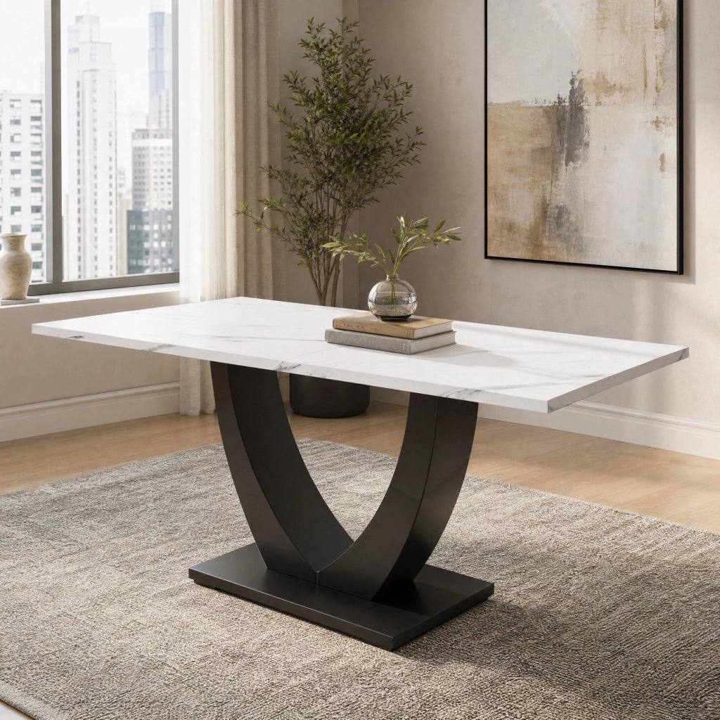 TAVOLO DA PRANZO 140x75,5 cm Effetto Marmo Bianco/Nero in MDF e Metallo