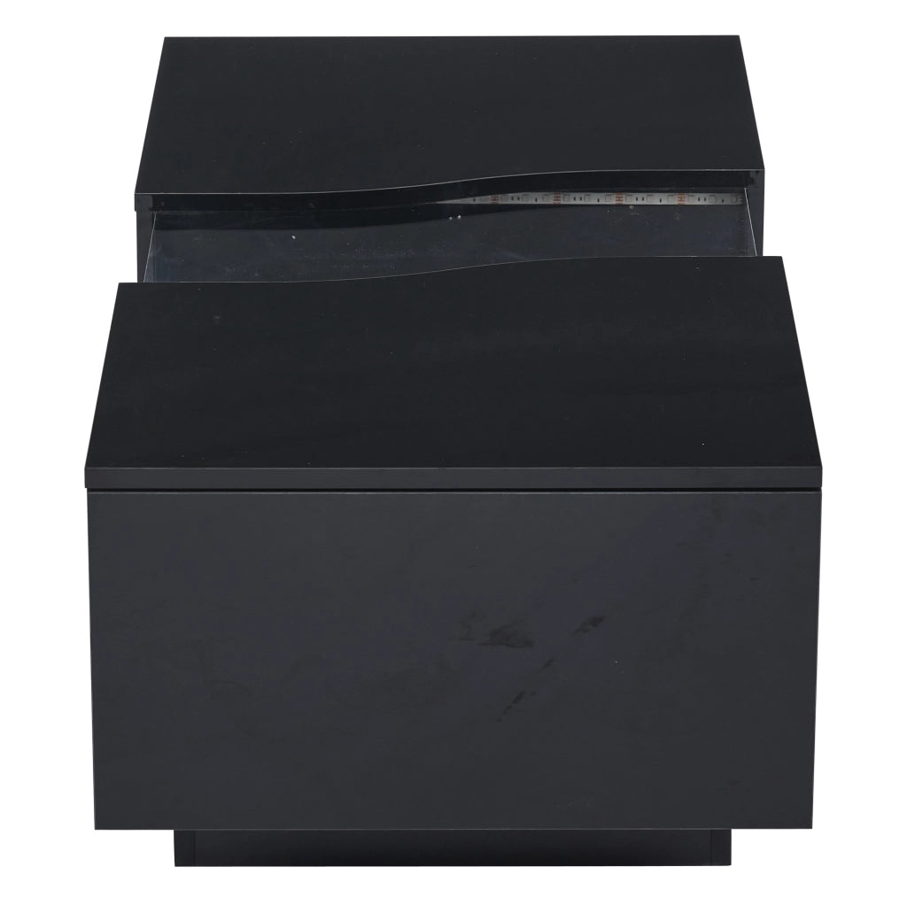 Tavolino da salotto moderno con LED; 2 cassetti; 100 x 50 x 35 cm; nero lucido in MDF e acrilico