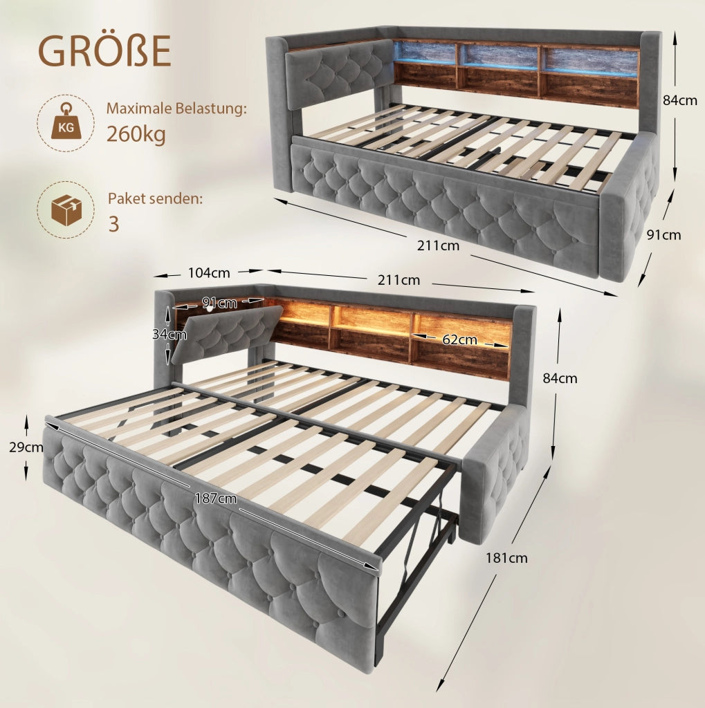 Divano letto 90x190 cm estraibile con LED; USB e Type-C in velluto grigio scuro