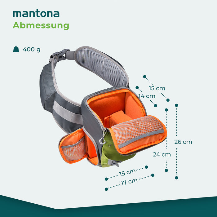 Mantona elementsPro 10 verde - borsa fotografica per fotografi all'aperto con cintura, imbottitura traspirante e copertura antipioggia - compatta e leggera - per fotocamere DSLR