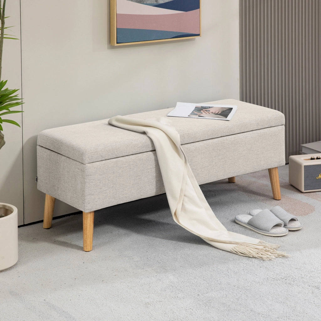 Panca con contenitore imbottita in effetto lino ¨C Zephmum ¨C 110x39x45 cm, beige