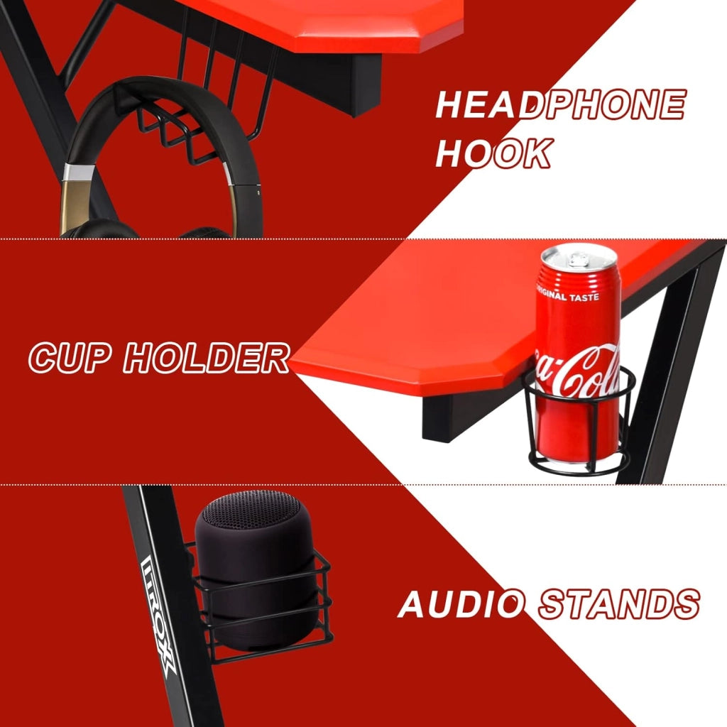 Scrivania Gaming a forma di Z, Scrivania Grande 120x60x76 cm, Scrivania da Gioco con Supporto per Bevande, Tavolo per Gaming o Computer, Ergonomica, Nero+Rosso