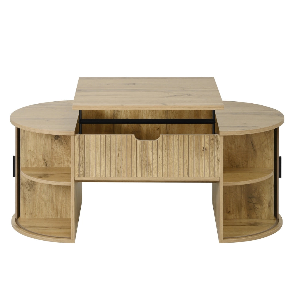 Tavolino basso sollevabile con piano regolabile e ripiani aperti in MDF effetto rovere, ovale, 100 × 50 × 40,5 cm