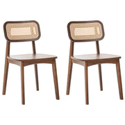 Set di 2 sedie da pranzo con struttura in legno di gomma marrone e schienale in rattan marrone chiaro senza braccioli design retrò
