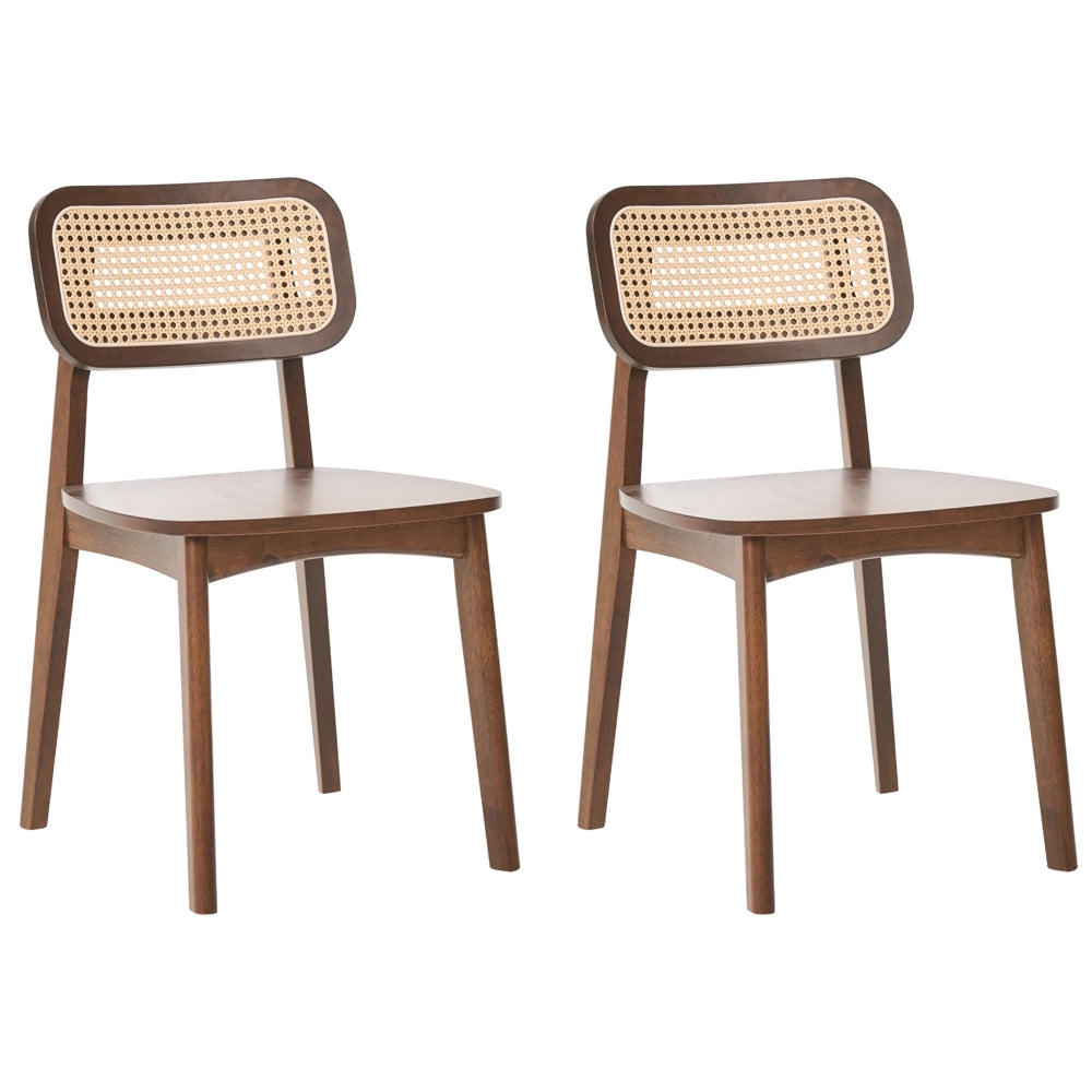 Set di 2 sedie da pranzo con struttura in legno di gomma marrone e schienale in rattan marrone chiaro senza braccioli design retrò