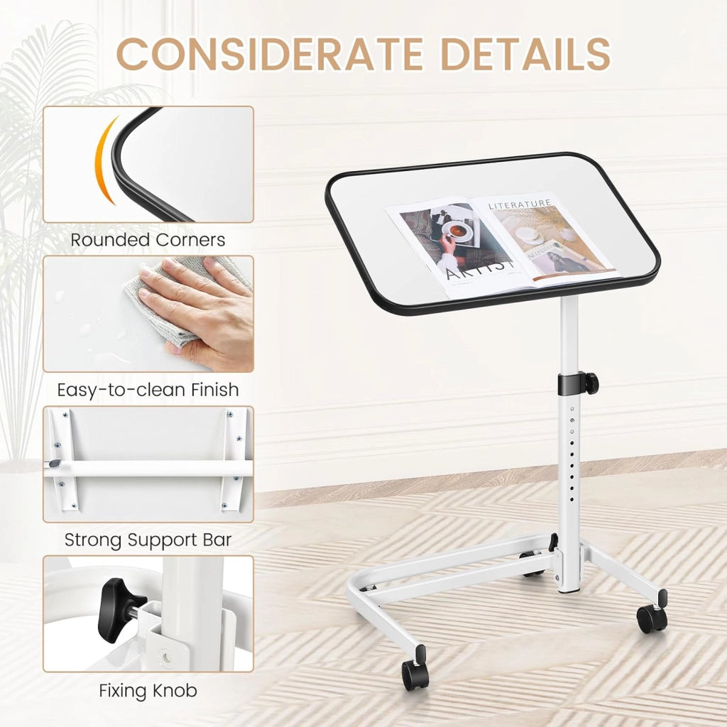 Tavolo da Letto con Ruote Universali, Tavolino Mobile a Forma di C, Comodino Mobile con Altezza Regolabile e Piano Inclinabile, per Camera da Letto e Ospedale