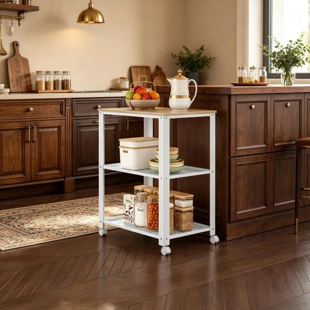 Scaffale con ripiani e ruote per cucina, metallo e legno, bianco e rovere chiaro 60×40×76 cm