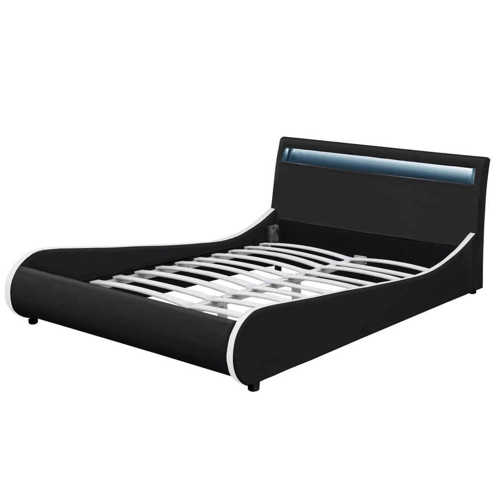 Letto Francese Imbottito Curvo 140x200 cm Testiera Alta con Illuminazione a LED Similpelle Nero Corium