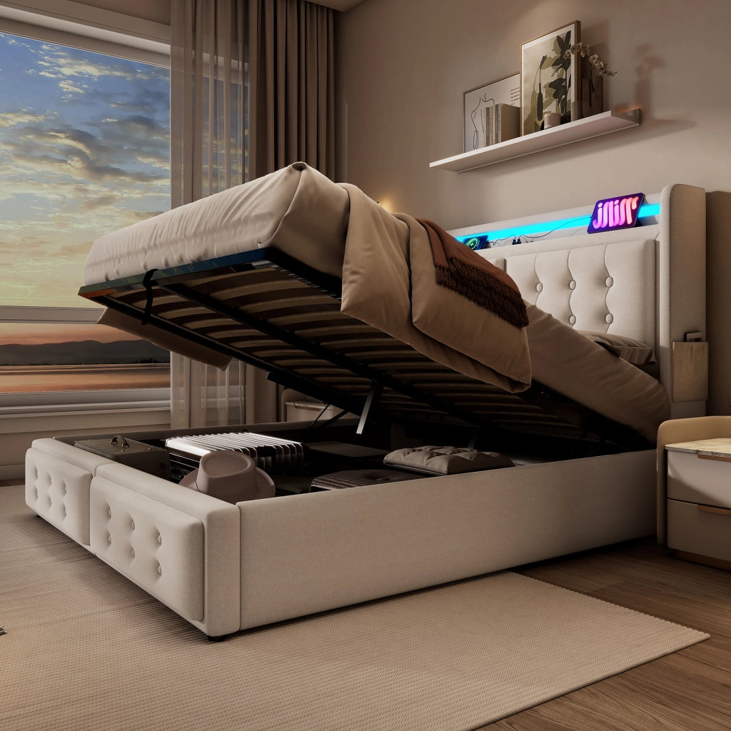 LETTO Contenitore 180x200 cm con LED e USB-C Beige in tessuto