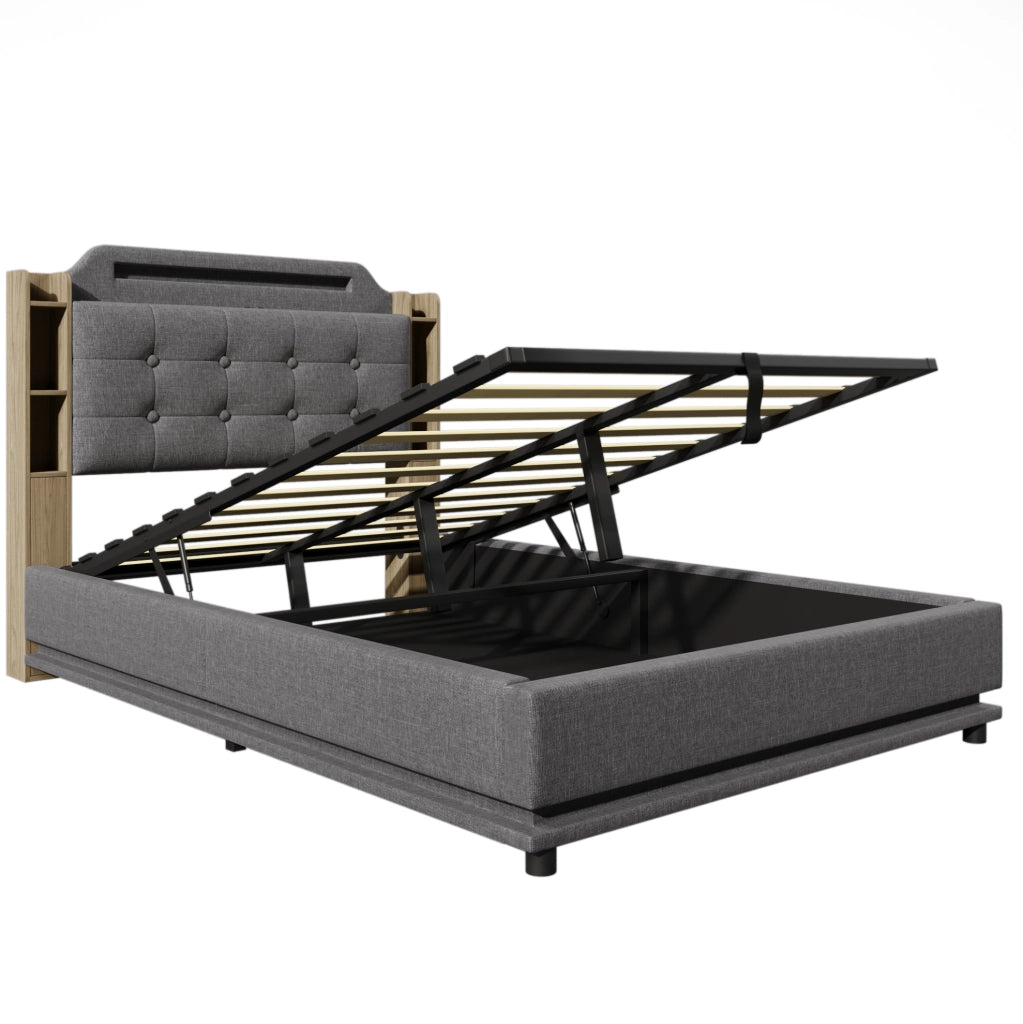 Letto matrimoniale imbottito 140x200 cm in lino grigio con LED; contenitore; USB e Type-C