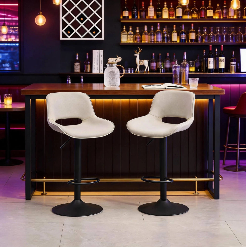Set di 2 sgabelli da bar beige in lino con schienale girevoli e altezza regolabile 58-80 cm