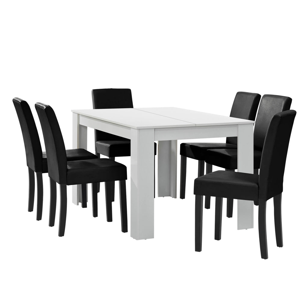 Set Pranzo con Tavolo 140x90 cm e 6 Sedie in Similpelle - Bianco / Nero [en.casa]