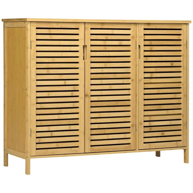 MOBILE SCARPIERA A 8 RIPIANI SU 3 LIVELLI CON MANIGLIE, IN BAMBÙ, 100X35X80 CM, COLOR LEGNO