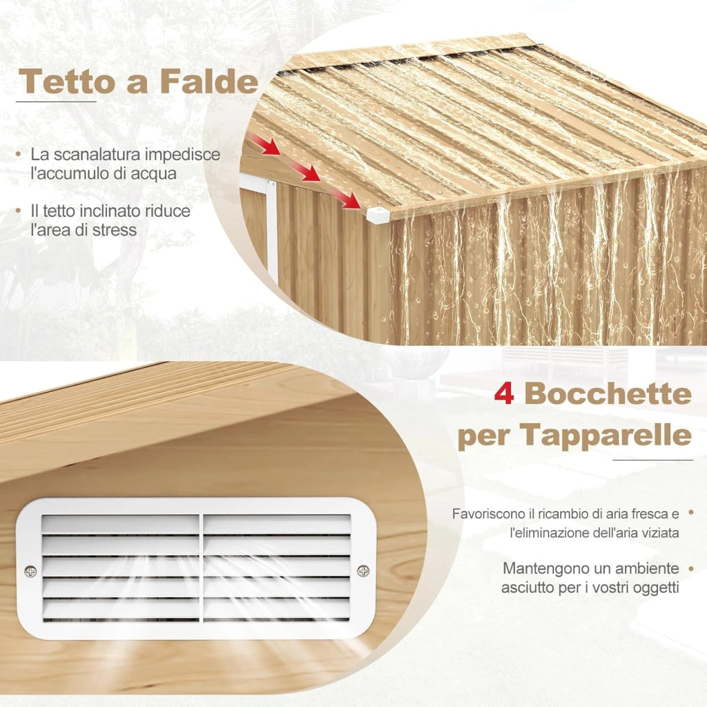 Casetta da Esterno 2,34㎡, Capanno Porta Attrezzi con Porte Scorrevoli, Maniglie, Sfoghi e Tettoia, Casetta da Giardino in Lamiera di Acciaio e Lamiera Zincata (196 x 142 x 186 cm)