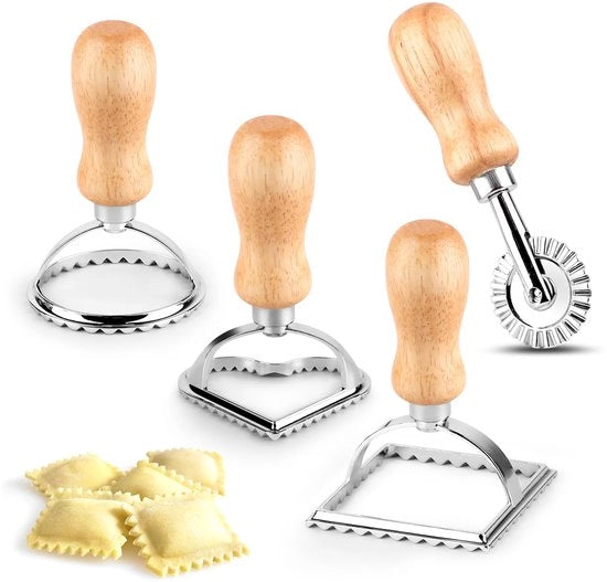 4 set di estensioni per ravioli, estensioni per ravioli, lame per pasta, estensioni per ravioli con manici in legno, estensioni per dumpling di ravioli, set di estensioni in acciaio inossidabile per la preparazione di forme di dumpling di ravioli