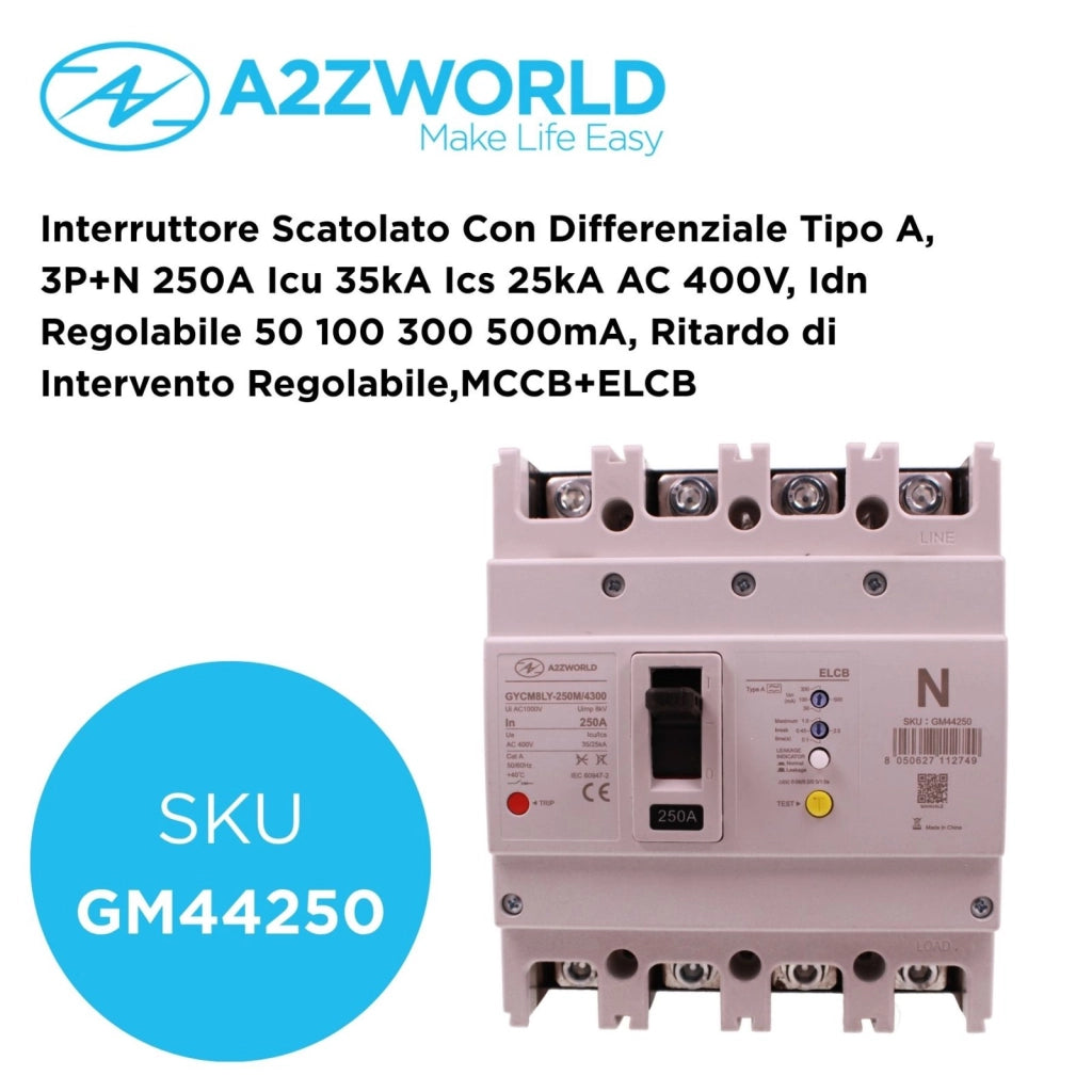 Interruttore Scatolato Con Differenziale Tipo A, 3P+N 250A Icu 35kA Ics 25kA AC 400V, Idn Regolabile 50 100 300 500mA, Ritardo di Intervento Regolabile 0.1-2S, Ui 1000V Uimp 8kV, MCCB+ELCB