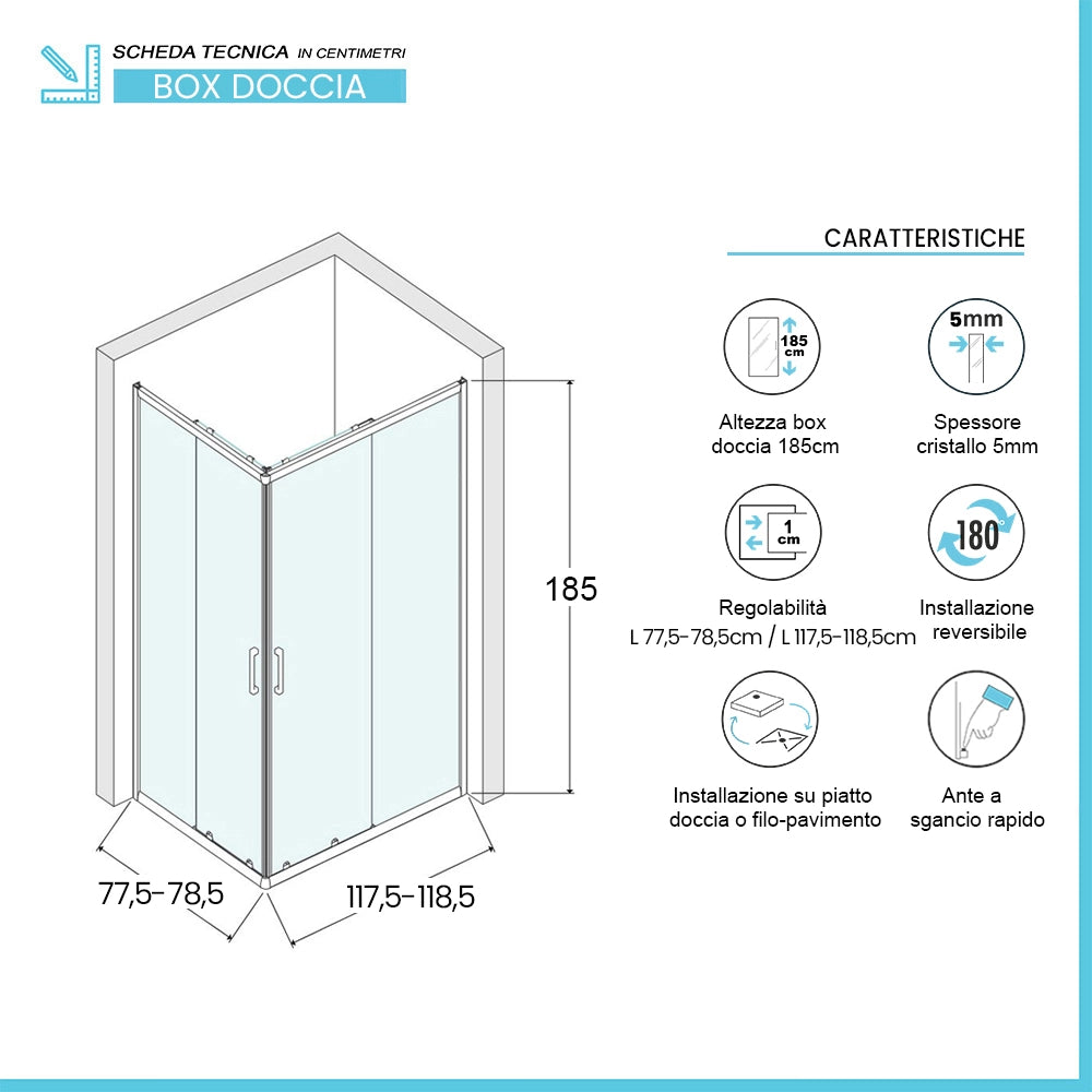 Box doccia 80x120 angolare doppio scorrevole con vetro temperato trasparente e profili cromo Geo