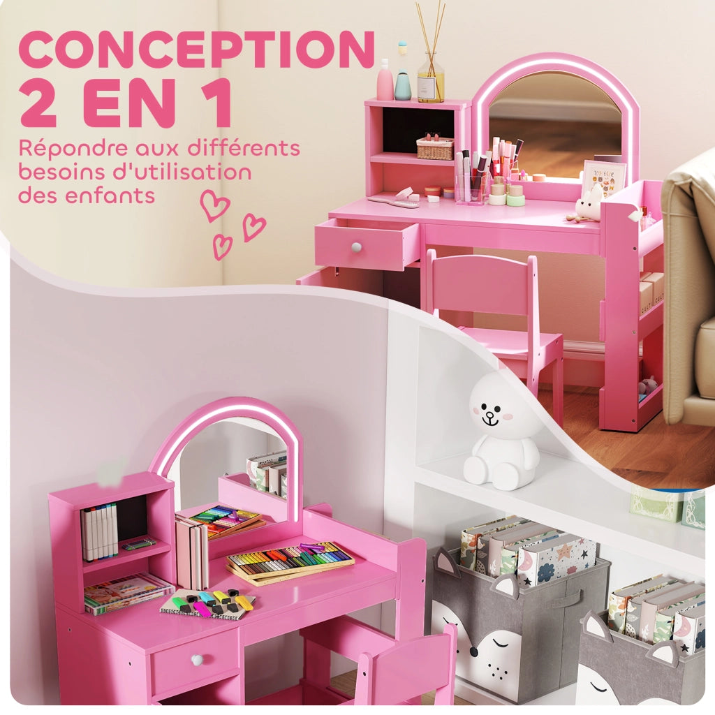 Tavolo da trucco bambini con sgabello e specchio LED ¨C zephmum ¨C rosa 88,6x38,8x96,9 cm