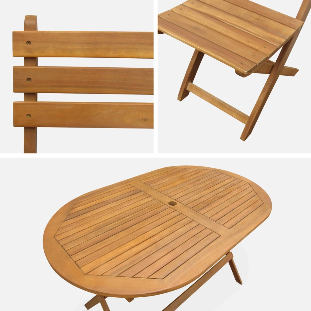 Set tavolo da giardino ovale in legno con 6 sedie, marrone naturale