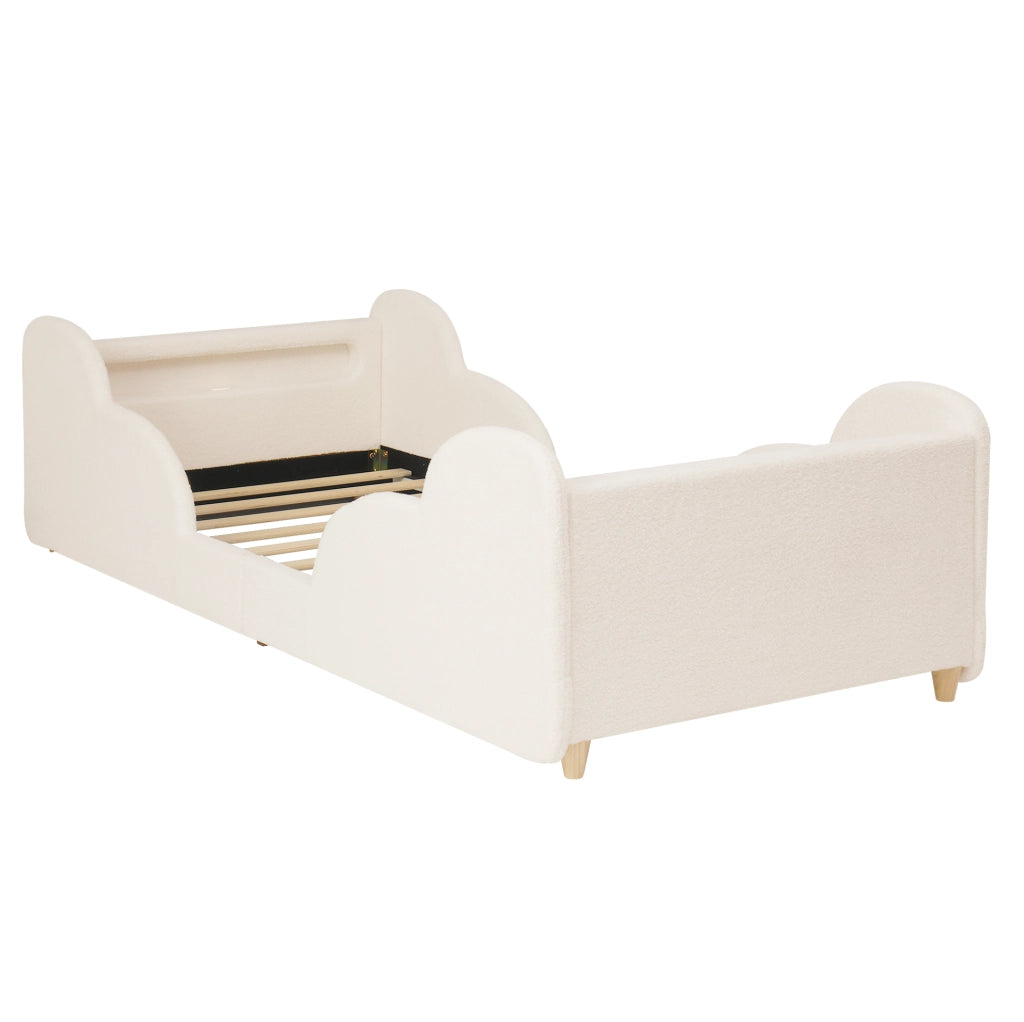 Letto per bambini 90x200 cm con sponde imbottite; luce notturna e USB C; bouclé beige