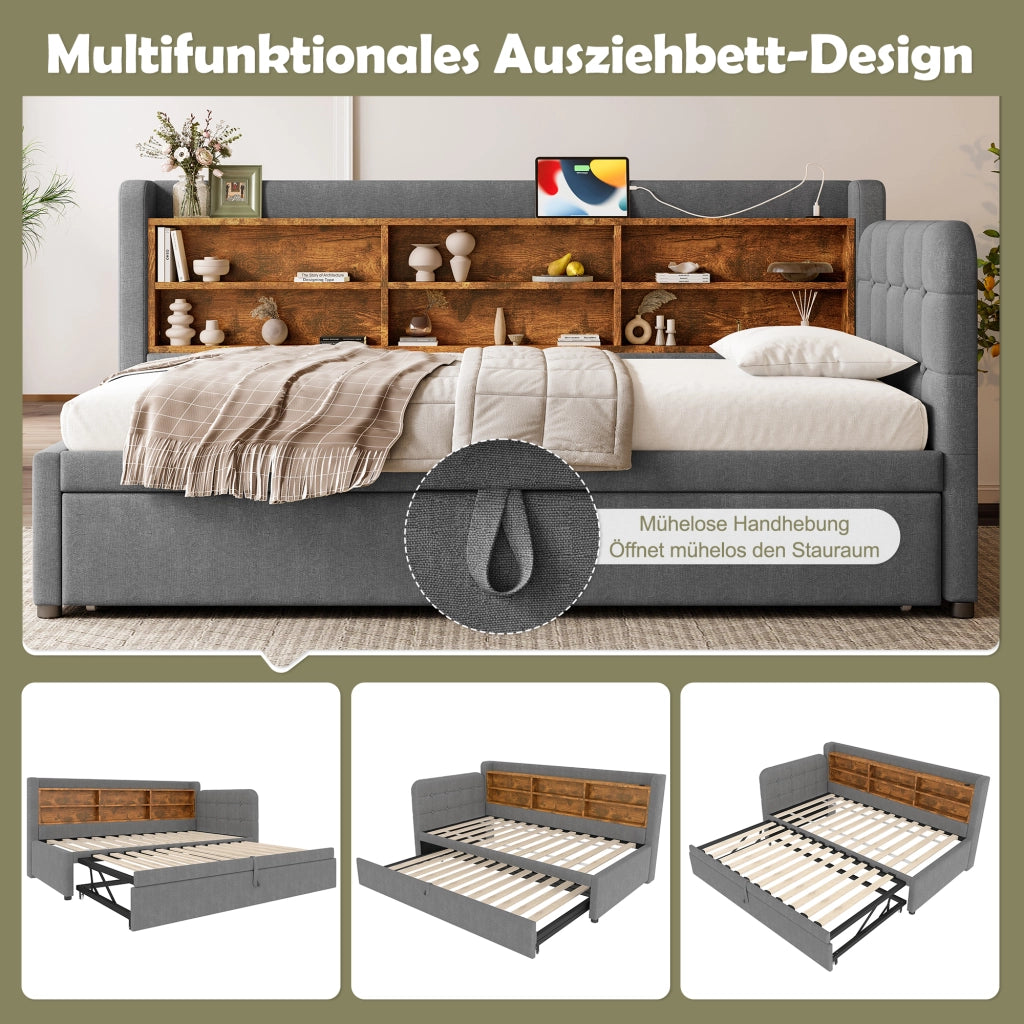DESMIU Letto estraibile 90 × 200 cm e 180 × 200 cm 1 piazza con USB, Type-C e vani, senza materasso, grigio