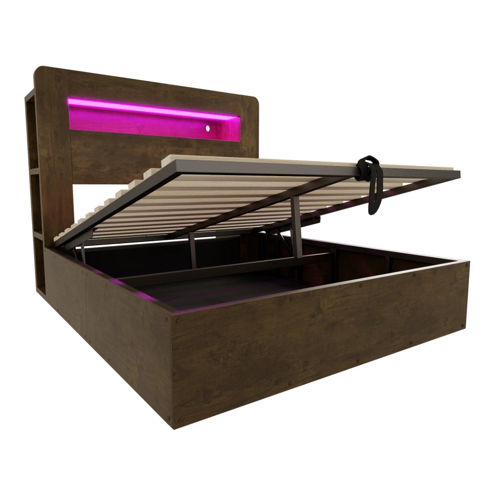 Letto 140x200 cm con contenitore idraulico; LED e prese in legno colore naturale