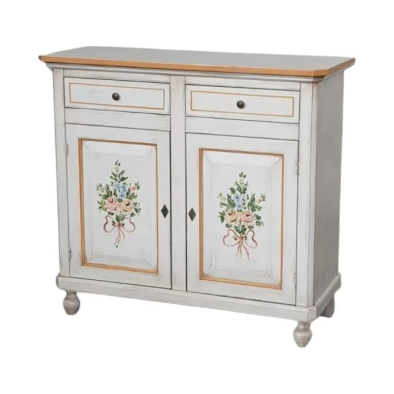 Credenza 2 porte legno shabby bianco anticato filo arancione decori 105x45x98 - Mobili 2G