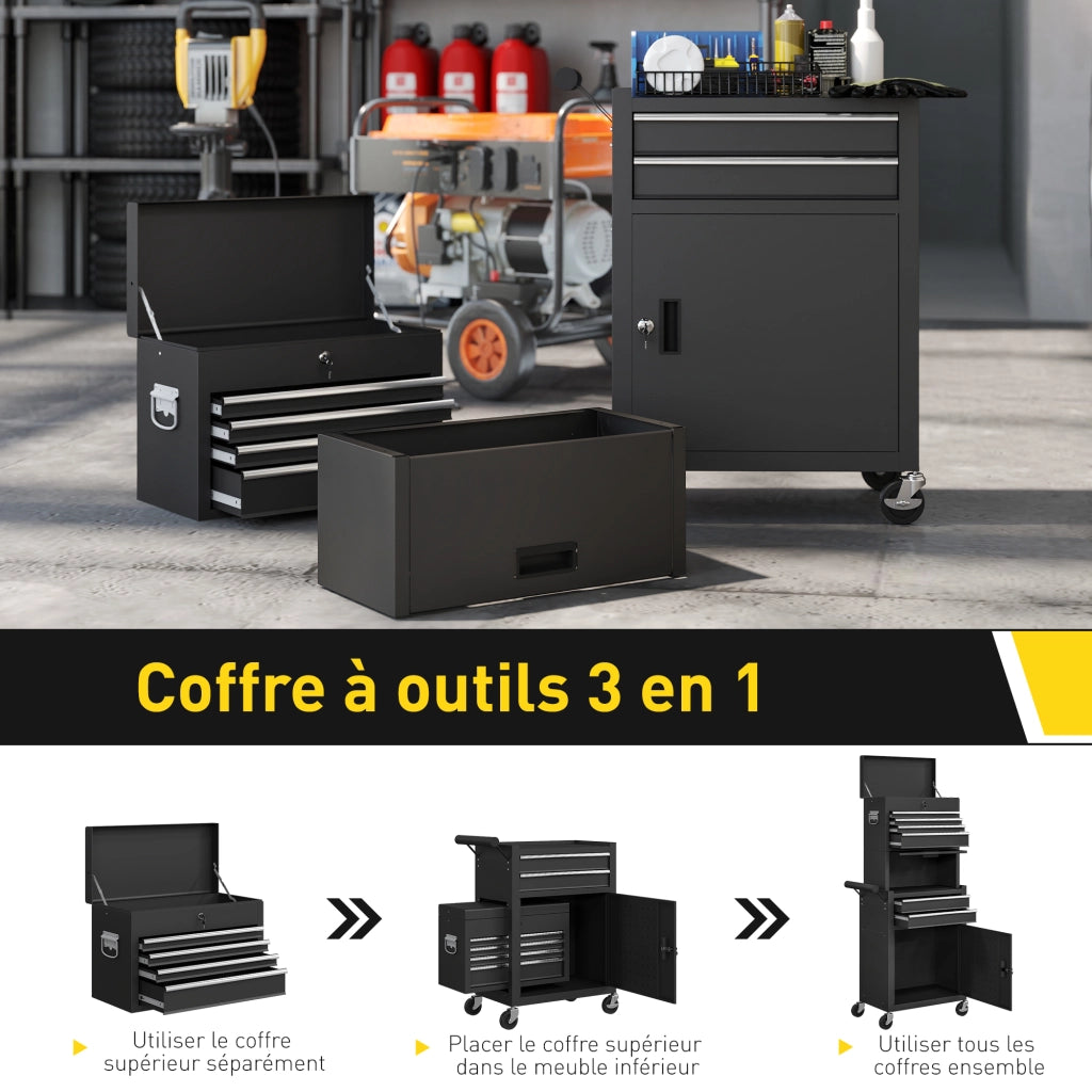 Carrello per attrezzi 3 in 1 con cassetti e pannello forato ¨C zephmum ¨C nero, acciaio