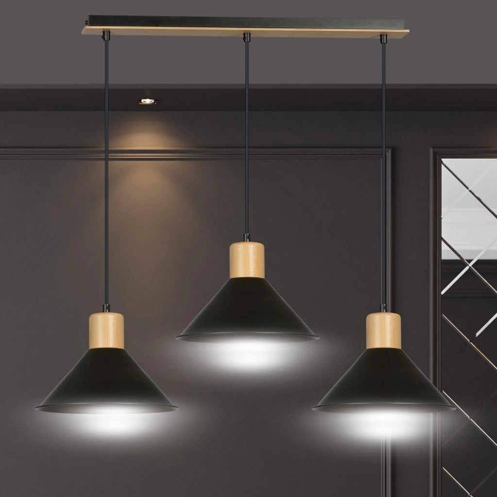 Lampada a sospensione ROWEN in acciaio nero e legno