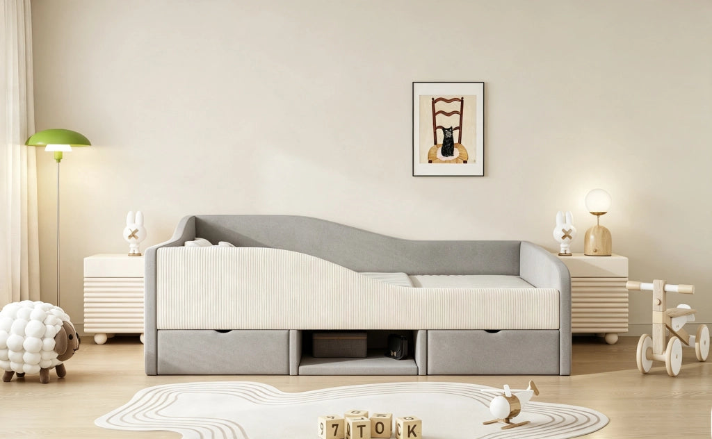Letto per bambini 90 × 190 cm con barriere di sicurezza, 2 cassetti, vano aperto e porta scarpe, senza materasso, grigio