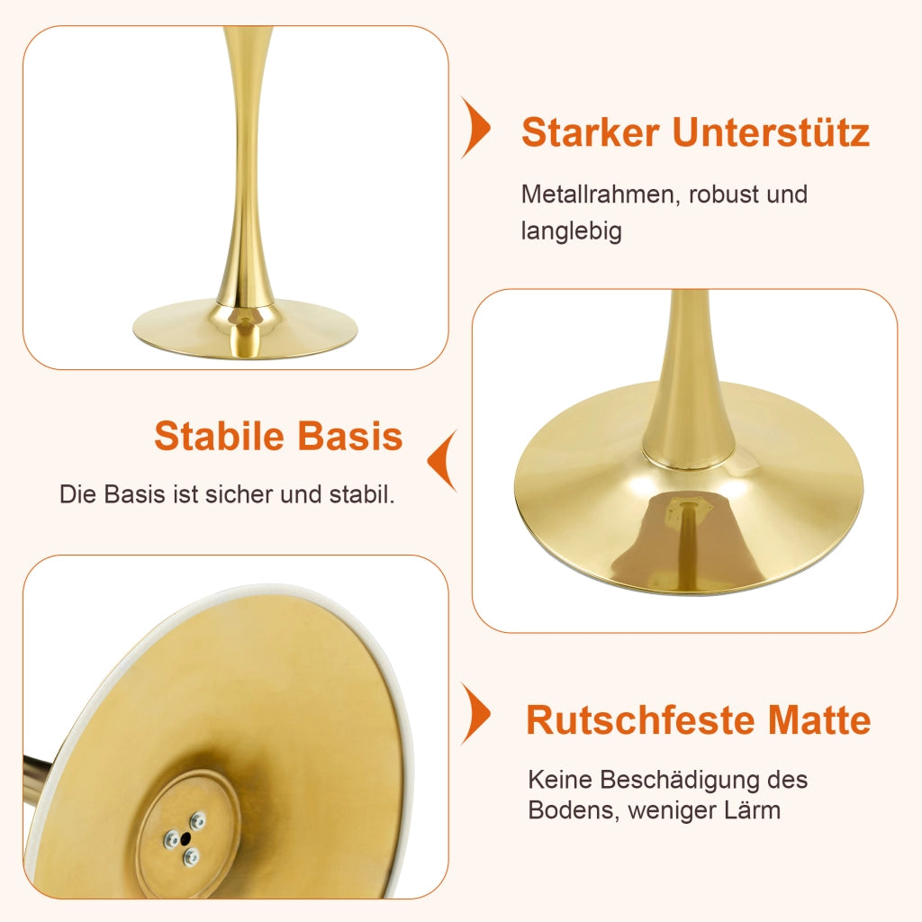 Tavolo da pranzo rotondo con base centrale e piano effetto noce stile retrò moderno in MDF e metallo oro per soggiorno e sala da pranzo