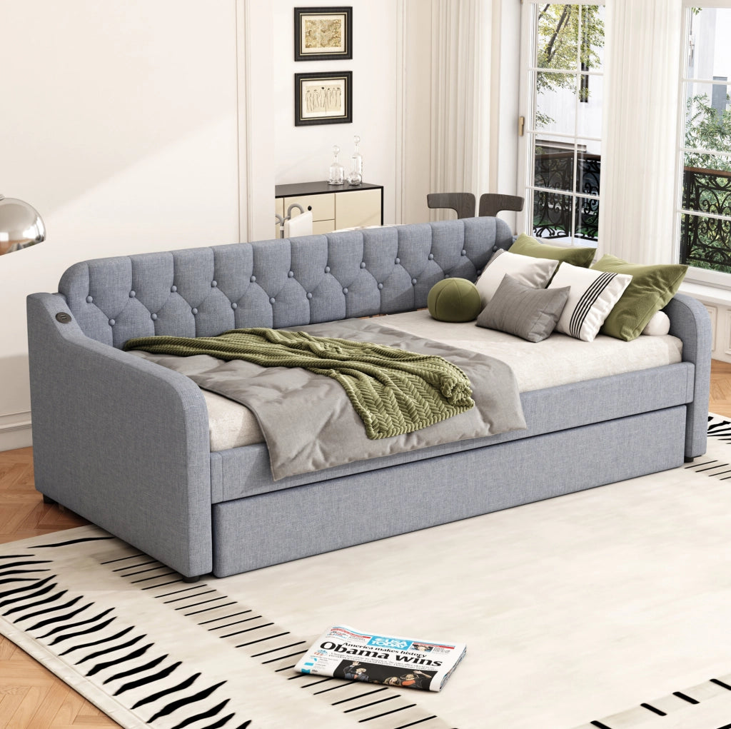 Divano letto con letto estraibile 90x200 cm; USB; in lino grigio