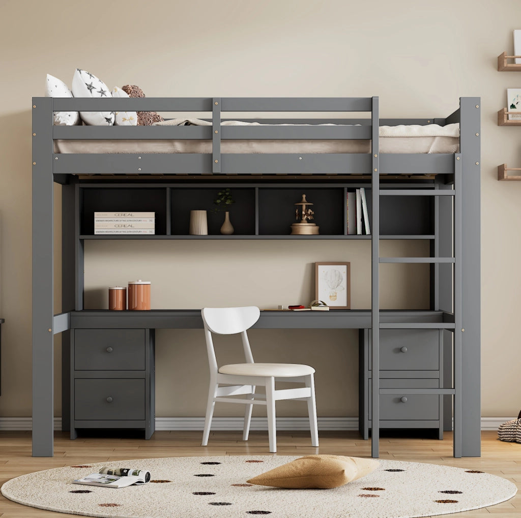 Letto a soppalco 90x200 cm con scrivania e spazio contenitivo in pino grigio