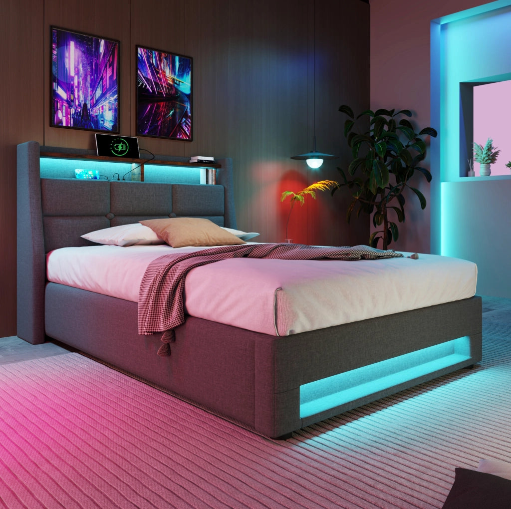 Letto imbottito 90x200 cm con LED e USB; stile vintage; grigio; con materasso