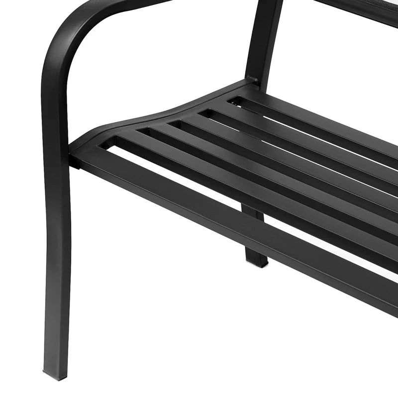 Panca da giardino in metallo nero con schienale ergonomico e braccioli