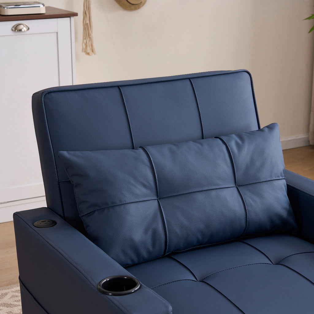 Divano convertibile 3 in 1 con funzione letto e tasca laterale salvaspazio per piccoli spazi in legno e metallo blu