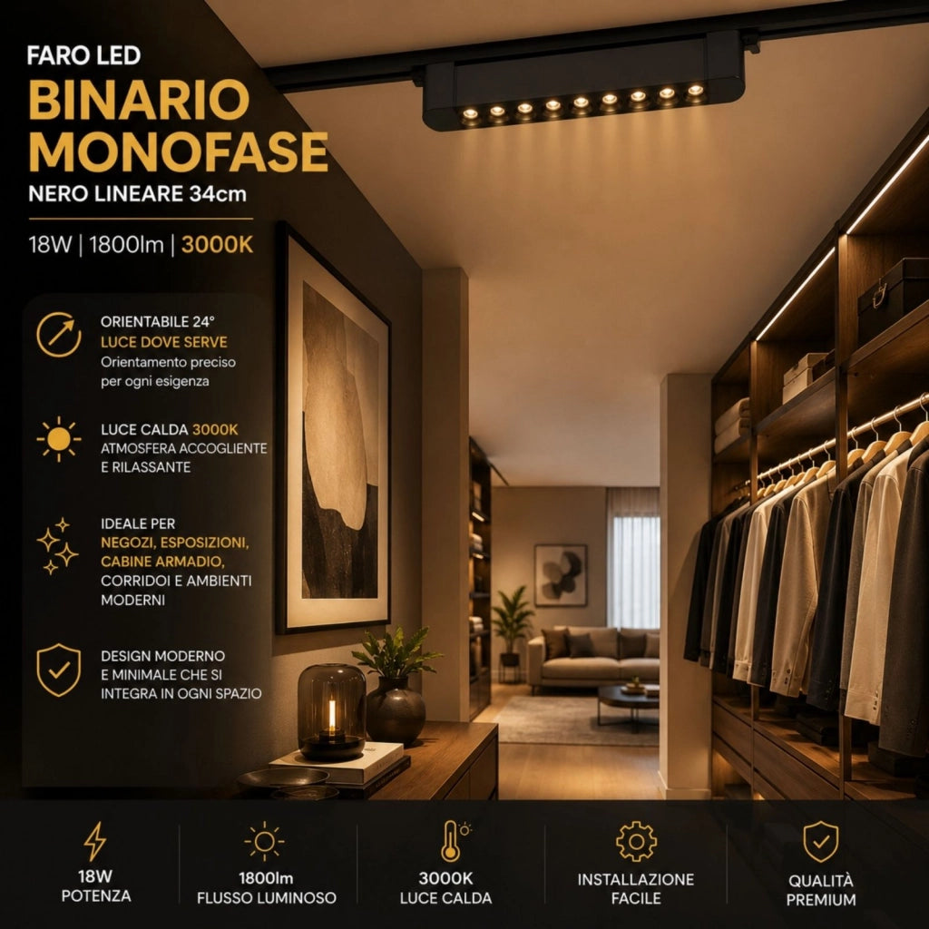 Faro Led Binario Monofase, Nero Lineare 34cm 18W 1800lm 24° Orientabile, Disponibili 3000K 4000K (Bianco Caldo 3000K)