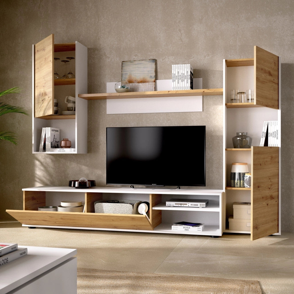 Parete attrezzata Artex, Set da soggiorno porta TV, Mobile salotto multiuso, 220x41h180 cm, Rovere Nodi e Bianco
