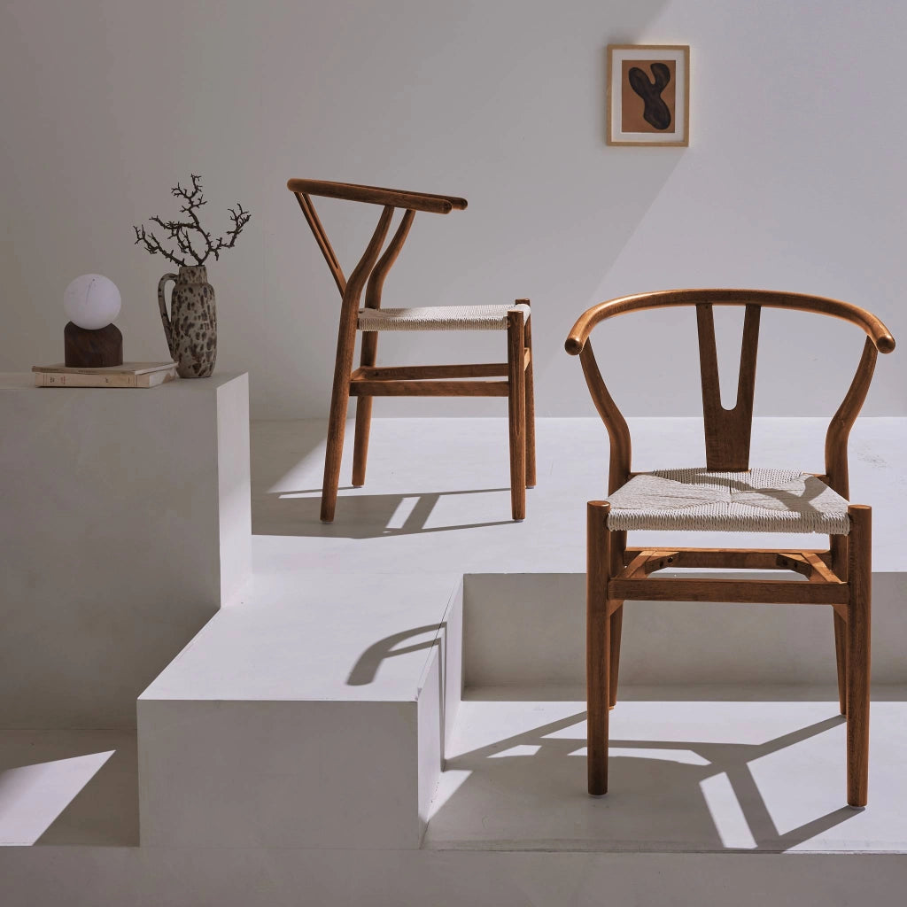 Set 2 sedie in legno con seduta in corda, noce
