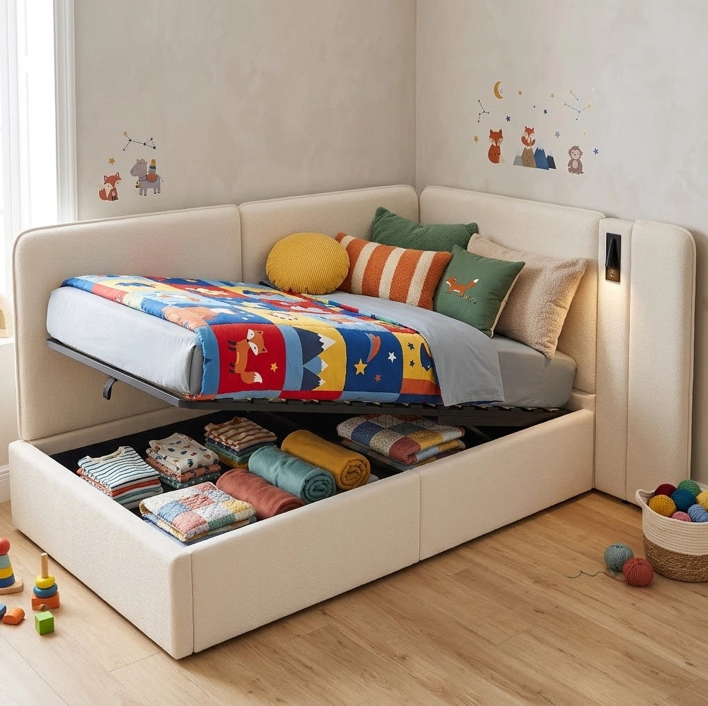 Letto imbottito 90x200 cm con contenitore idraulico; USB C e lampada da lettura; tessuto bouclé beige