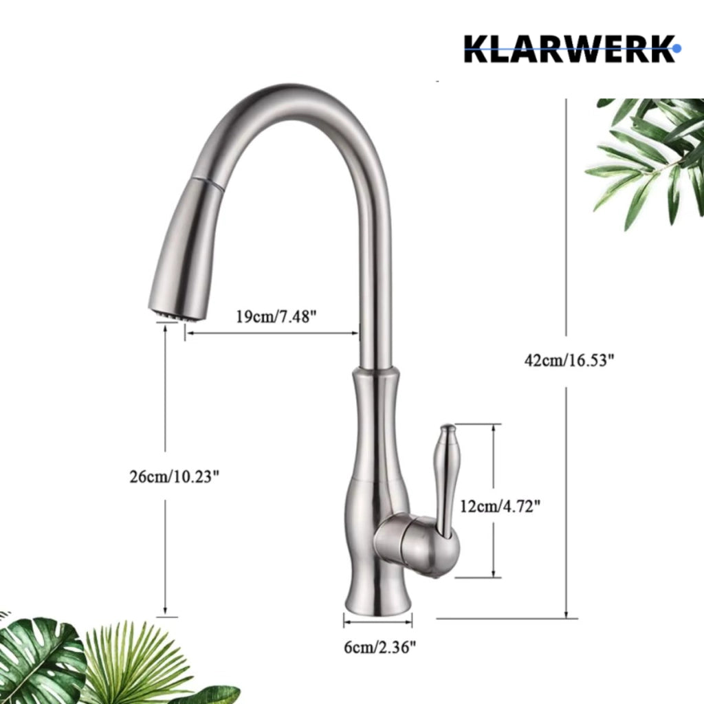NAVIS | Elegante rubinetto cucina estraibile in acciaio inox cromato argento, arco alto, miscelatore di lusso, alta pressione, 360°, 2 attacchi