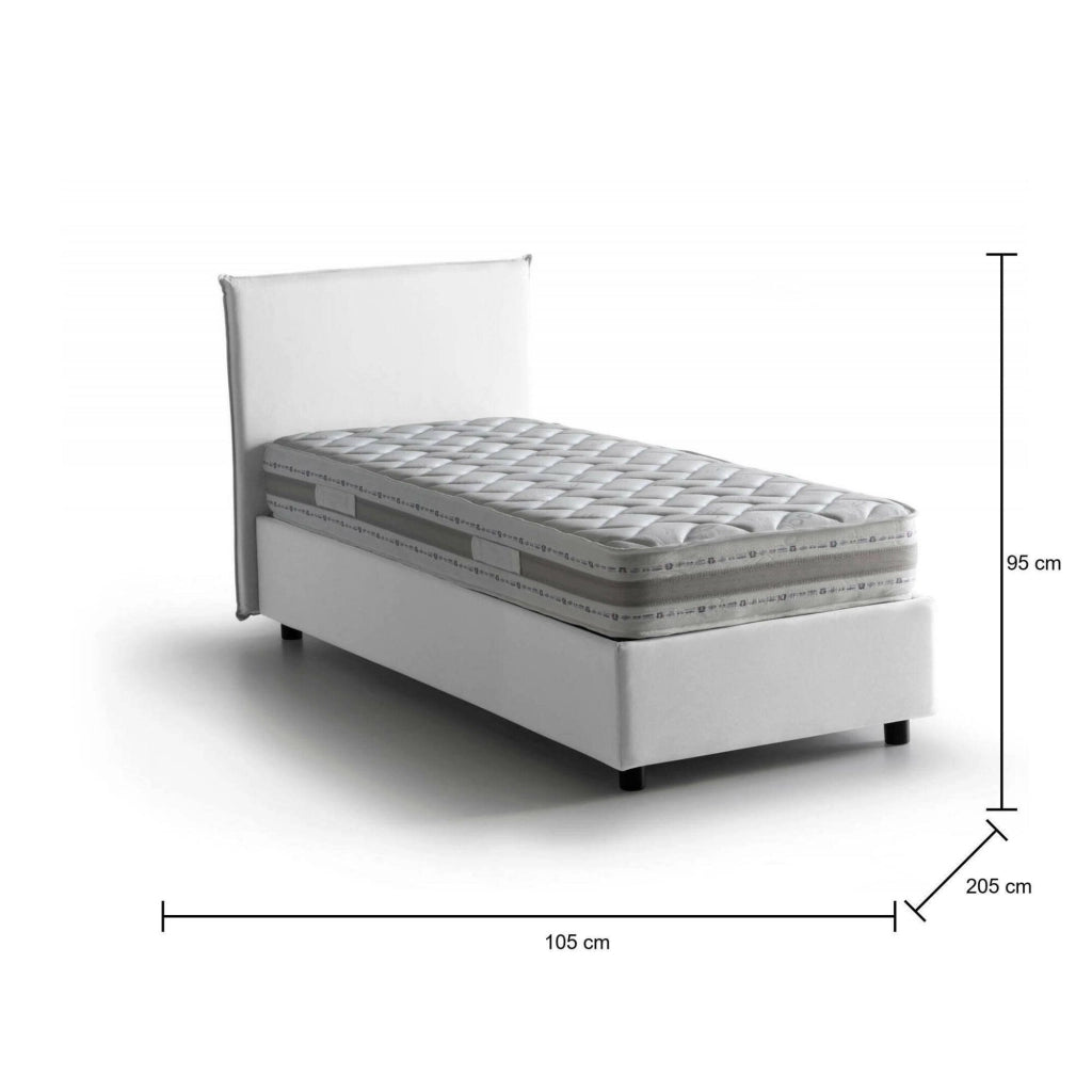 Letto singolo Arminius, Letto contenitore con rivestimento in tessuto, Made in Italy, Apertura frontale, con materasso cm 90x190 incluso, Bianco