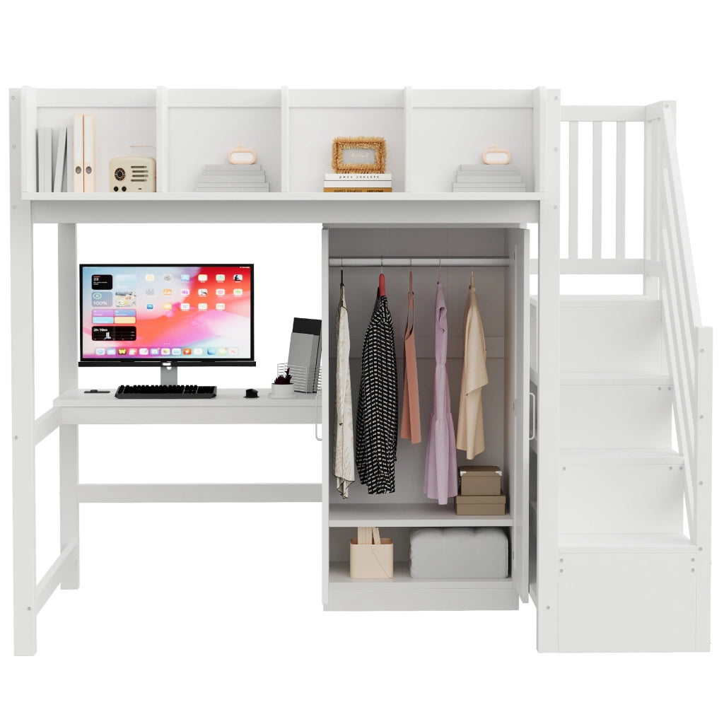 Letto a soppalco 90×200 cm con scrivania; armadio; scaffali e scala contenitore; LED e prese; senza materasso; legno bianco