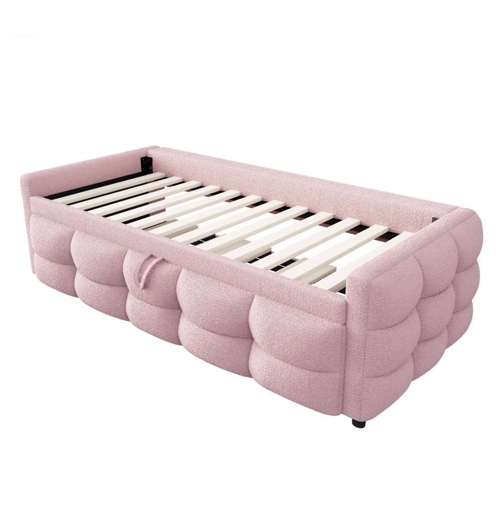 Letto imbottito estraibile 90/180x190 cm in tessuto Teddy rosa; con rete a doghe