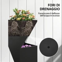 Fioriera da Esterno con 3 Aree di Coltivazione e Fori di Drenaggio, in Metallo Nero, 30x30x100 cm