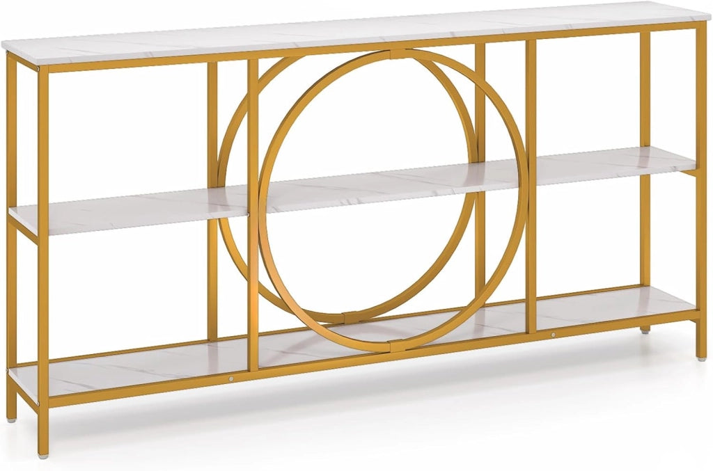Tavolo consolle in marmo oro, tavolo d'ingresso, 180 x 30 x 90 cm, grande, tavolo da corridoio a 3 livelli con struttura in metallo, tavolino sottile, tavolino da divano, tavolo da soggiorno