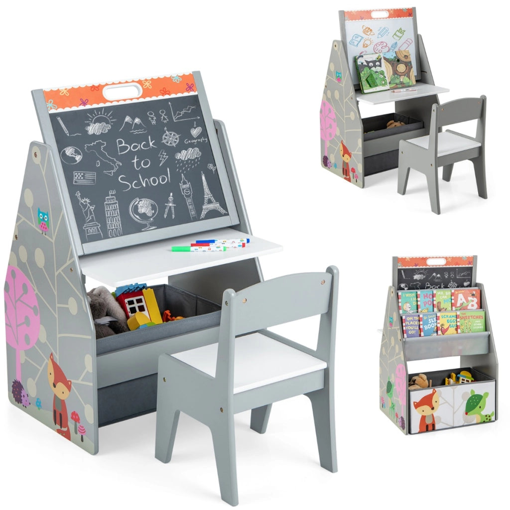 Doppio lato cavalletto per bambini e stazione di gioco-Set tavolo e sedia con lavagna bianca e lavagna magnetica Grigio