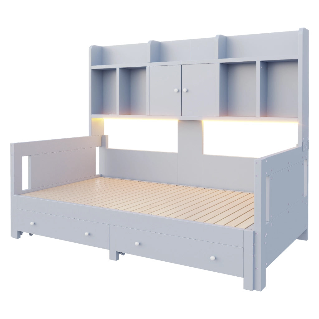 Divano letto estraibile 90 × 190 cm e 180 × 190 cm con cassetti, vani portaoggetti, presa e luci LED, senza materasso, grigio