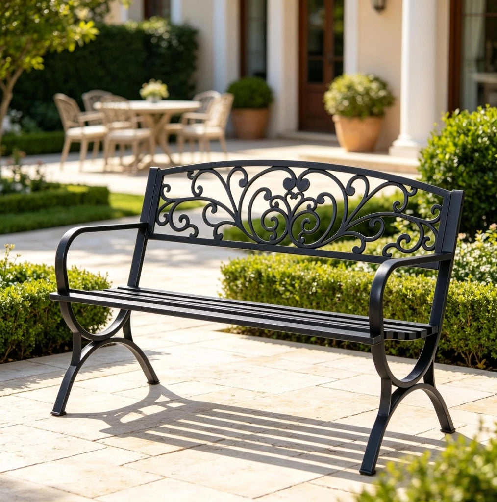 Panchina da giardino per 2 persone 127x60x85 cm in acciaio e ghisa; nera