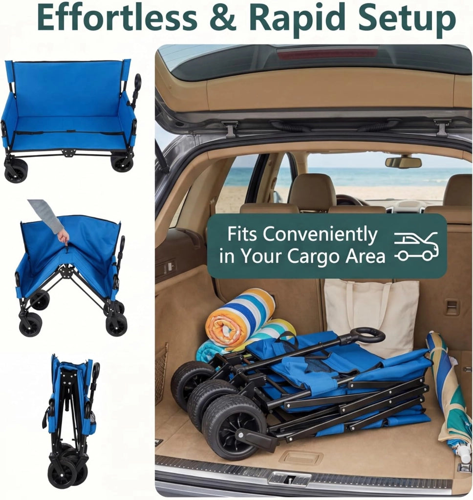 2 in 1 Carrello Spiaggia con Seduta, Carretto Pieghevole con Ruote Grandi e Cuscini Morbidi, Carrello da Campeggio, Giardino e Pesca, in Acciao Resistente, Chiusura Rapida, 80 KG, 85L (Blu)